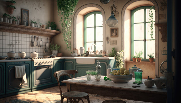 Mediterranean style kitchen interior design illustration created using generative AI.