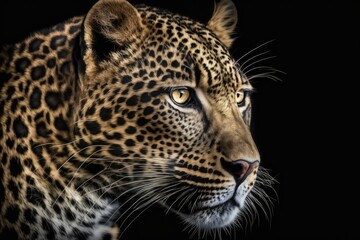 Fototapeta na wymiar Close up view Leopard. Animal in the wild, set against a black background. Generative AI