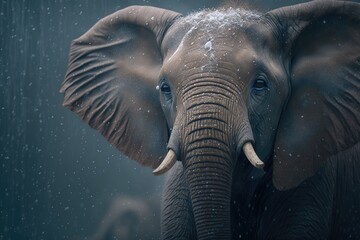 Fototapeta na wymiar Animal portrait of an elephant in a snowfall. Generative AI