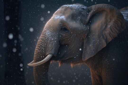Animal portrait of an elephant in a snowfall. Generative AI