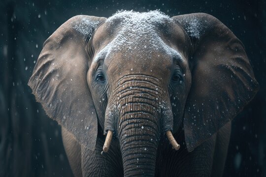 Animal portrait of an elephant in a snowfall. Generative AI