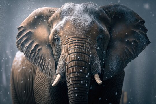 Animal portrait of an elephant in a snowfall. Generative AI