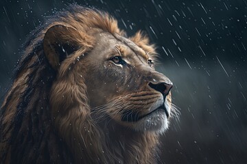 Naklejka premium Animal portrait of a lion in a rainstorm. Generative AI