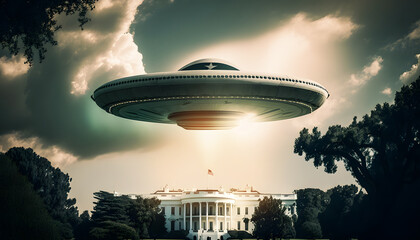 Fototapeta na wymiar Alien UFO spaceship fly above White House government of USA with sun light. Generation AI