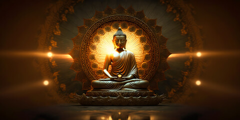 Buddha statue transcendental spiritual meditation with aura, banner yellow light. Generation AI - obrazy, fototapety, plakaty
