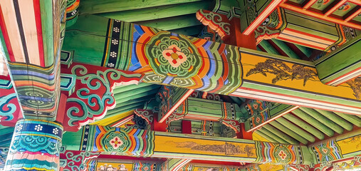Interior of the roof of the traditional style hanok belvedere on the little mountain of Eunwolbong Peak in Ulsan, near taehwa river, South Korea.