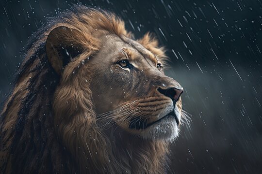 Animal portrait of a lion in a rainstorm. Generative AI