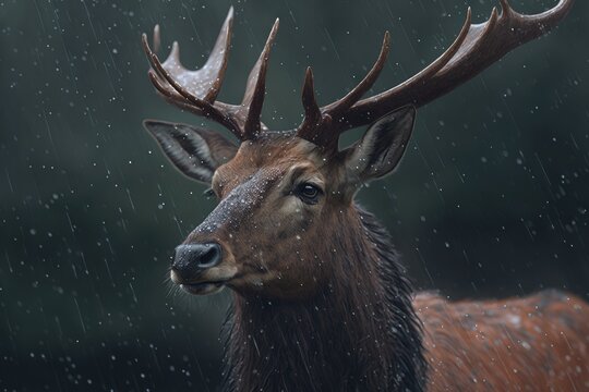 Animal portrait of a deer in a rainstorm. Generative AI