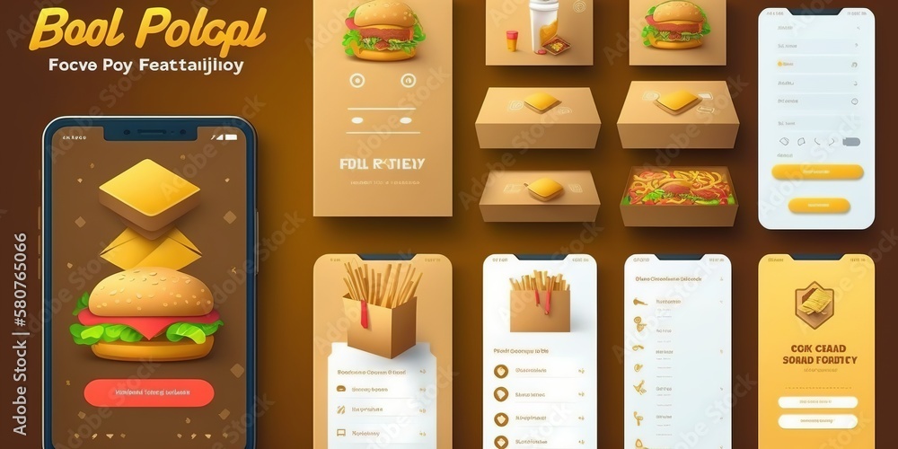 Wall mural food delivery mobile app kit template material design, ui, ux and gui screens. login, find stores, d