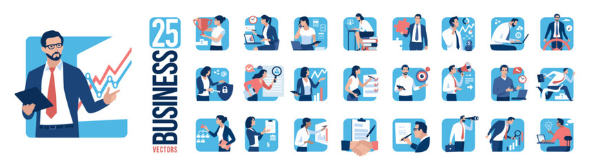Obraz na płótnie Canvas Business people, business work, office workers. Set of 25 square shaped, flat style business vector illustrations.