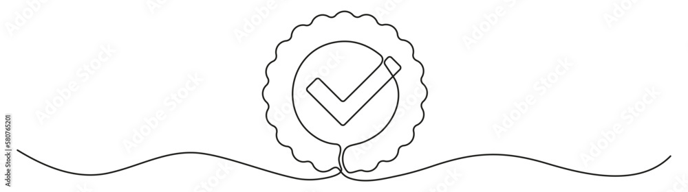 Poster award badge with checkmark continuous one line art drawing. approval check ribbon contour line sign.