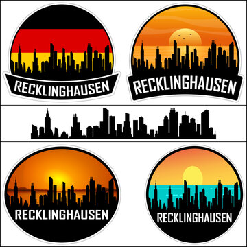 Recklinghausen Skyline Silhouette Germany Flag Travel Souvenir Sticker Sunset Background Vector Illustration SVG EPS AI