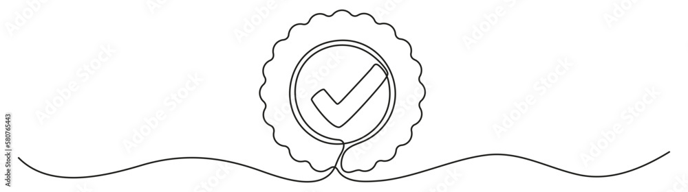 Poster award badge with checkmark continuous one line art drawing. approval check ribbon contour line sign.