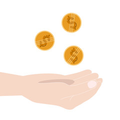A hand with coins falling into it. Flat vector illustration