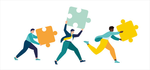 Obraz premium jigsaw puzzles are great element of team work and search for ideas. business teamwork together people connect puzzle elements. vector illustration in flat style