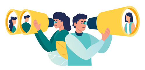 We are hiring, searching for employees for vacant work binoculars and spyglass find job. HR department reviews resumes of job applicants. job vacancy vector illustration. career opportunity concept 