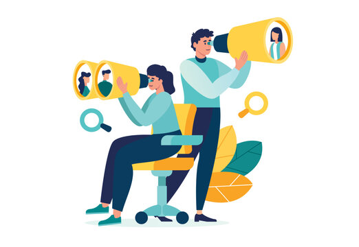 we are hiring, searching for employees for vacant place. find job. HR department reviews resumes of job applicants. job vacancy vector illustration. career opportunity concept binoculars and spyglass 