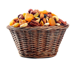 Obraz na płótnie Canvas Mix of nuts and dried fruits isolated on a white background.