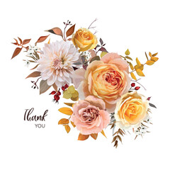 Chic autumn "Thank you" greeting card. Fall flowers bouquet. Vector, watercolor yellow orange roses, cream dahlia, red berries, eucalyptus leaves, branches illustration. Editable wedding invite design