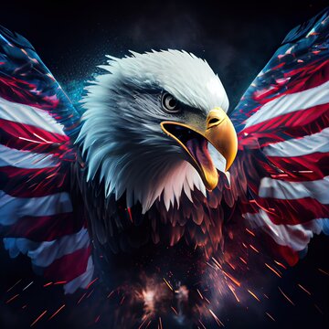 eagle and USA flag national poster. American Bald Eagle - a symbol of America with flag. Bald eagle on american flag background created. Generative AI	
