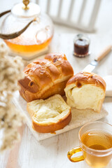 Almond sugar bread on the table. brightmood photography concept