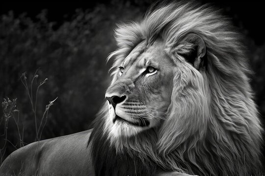 A black and white picture of a beautiful African lion. Generative AI