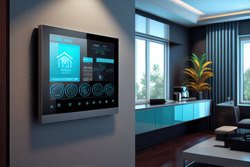 Display, touch screen on the wall of a living room. Smart home technology. Generative AI.
