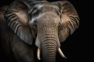 Fototapeta na wymiar Close up view Elephant. Animal in the wild, set against a black background. Generative AI