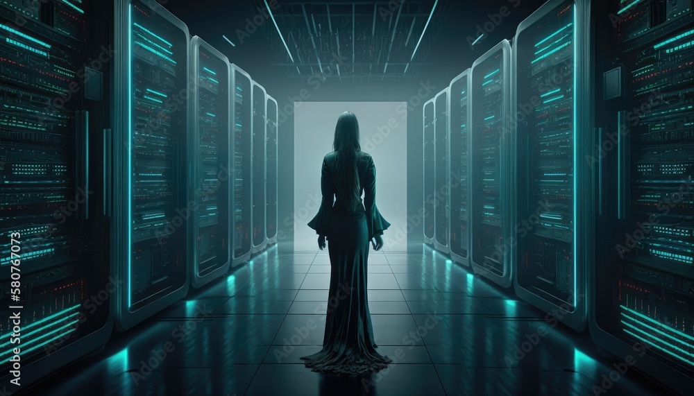 Poster female it specialist uses tablet in data center. server farm cloud computing facility with maintenan