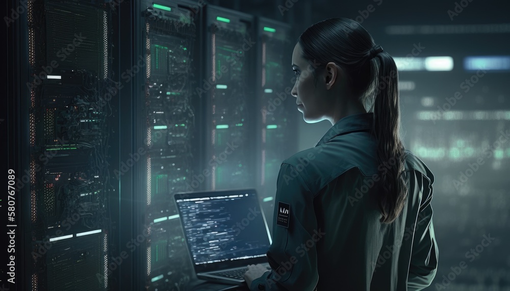 Poster server farm cloud computing specialist facility with multiethnic female system administrator working