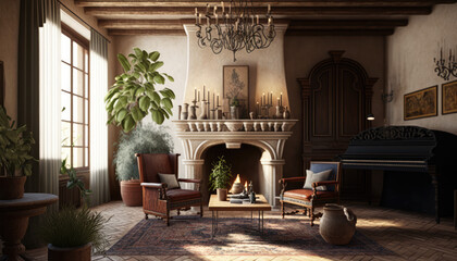 Mediterranean style living room interior design illustration created using generative AI.