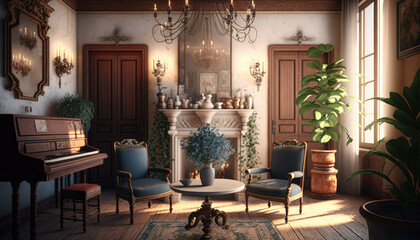 Mediterranean style living room interior design illustration created using generative AI.
