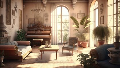 Mediterranean style living room interior design illustration created using generative AI.
