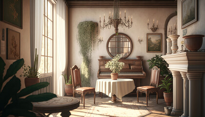 Mediterranean style living room interior design illustration created using generative AI.