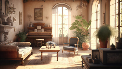 Mediterranean style living room interior design illustration created using generative AI.
