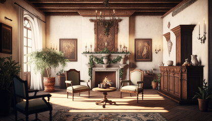 Mediterranean style living room interior design illustration created using generative AI.