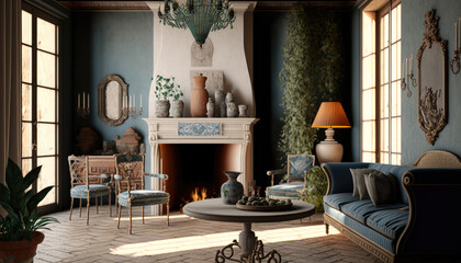 Mediterranean style living room interior design illustration created using generative AI.
