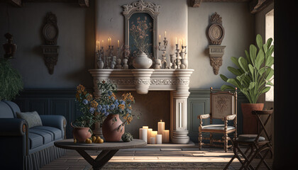 Mediterranean style living room interior design illustration created using generative AI.