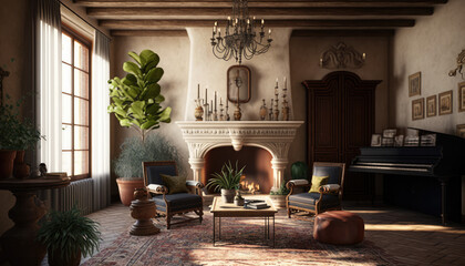 Mediterranean style living room interior design illustration created using generative AI.