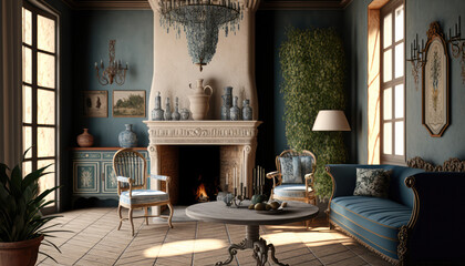 Mediterranean style living room interior design illustration created using generative AI.