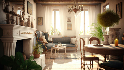 Mediterranean style living room interior design illustration created using generative AI.