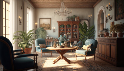 Mediterranean style living room interior design illustration created using generative AI.