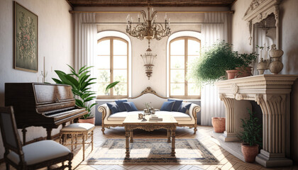 Mediterranean style living room interior design illustration created using generative AI.