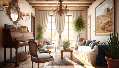 Mediterranean style living room interior design illustration created using generative AI.