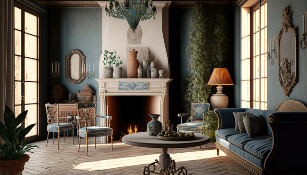 Mediterranean style living room interior design illustration created using generative AI.