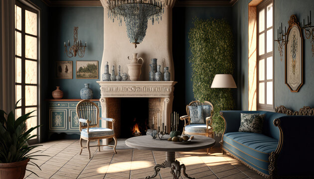 Mediterranean style living room interior design illustration created using generative AI.