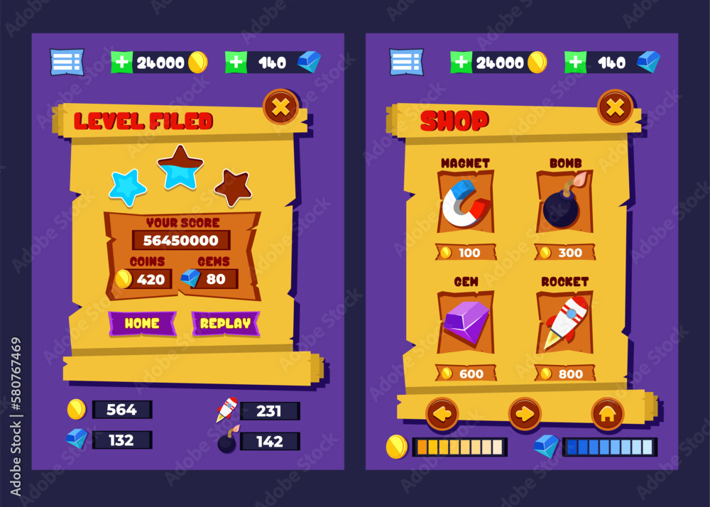 Aufkleber vector game template gui kit. interface log in page elements