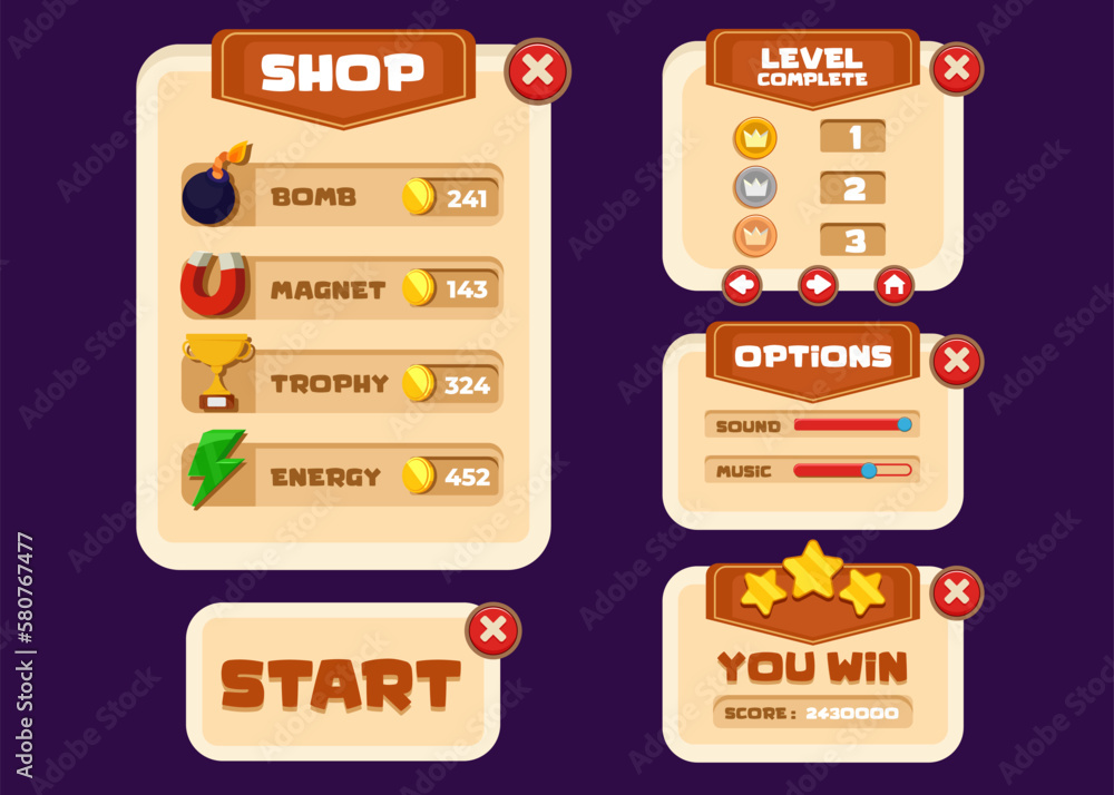 Aufkleber vector game template gui kit. interface log in page elements