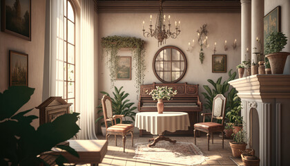 Mediterranean style living room interior design illustration created using generative AI.