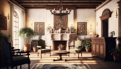 Mediterranean style living room interior design illustration created using generative AI.
